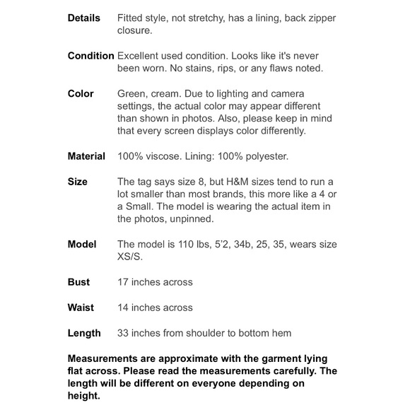 H&M Green Cream Sleeveless Aline Dress 8 4 S Small - Picture 7 of 7